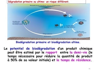 Le potentiel de biodégradation d’un produit chimique
peut être estimé par le rapport entre la demi-vie (le
temps nécessaire pour réduire la quantité de produit
à 50% de sa valeur initiale) et le temps de résidence.
Biodégradation primaire et biodégradation ultime.
Dégradation primaire ou ultime: un risque différent.
35
 