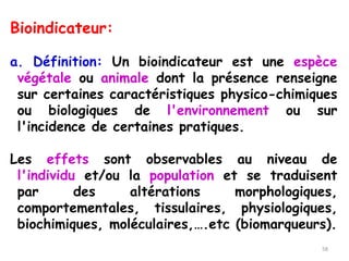 Bioindicateur:
a. Définition: Un bioindicateur est une espèce
végétale ou animale dont la présence renseigne
sur certaines caractéristiques physico-chimiques
ou biologiques de l'environnement ou sur
l'incidence de certaines pratiques.
Les effets sont observables au niveau de
l'individu et/ou la population et se traduisent
par des altérations morphologiques,
comportementales, tissulaires, physiologiques,
biochimiques, moléculaires,….etc (biomarqueurs).
58
 