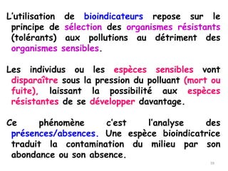 L’utilisation de bioindicateurs repose sur le
principe de sélection des organismes résistants
(tolérants) aux pollutions au détriment des
organismes sensibles.
Les individus ou les espèces sensibles vont
disparaître sous la pression du polluant (mort ou
fuite), laissant la possibilité aux espèces
résistantes de se développer davantage.
Ce phénomène c’est l’analyse des
présences/absences. Une espèce bioindicatrice
traduit la contamination du milieu par son
abondance ou son absence.
59
 