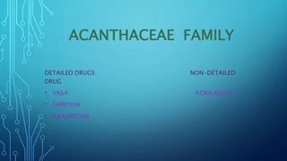 ACANTHACEAE FAMILY
DETAILED DRUGS NON-DETAILED
DRUG
• VASA KOKILAKSHA
• SAIREYAK
• KAALMEGHA
 