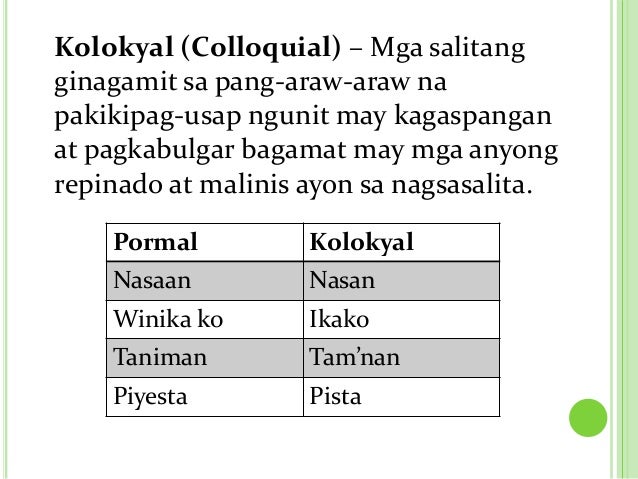 Halimbawa Ng Pambansa Pampanitikan Lalawiganin Kolokyal At Balbal