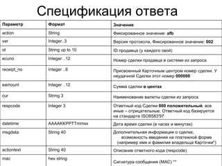 Спецификация ответа  Сигнатура сообщения (MAC) ** hex string mac Описание ответного кода (respcode) String 40 actiontext Дополнительная информация о сделке, возможность введения на платежной форме (например имя и фамилия владельца Карточки*) String 40 msgdata Дата время сделки (в часах и минутах) AAAAKKPPTTmmss datetime Ответный код Сделки  000 положительный , все иные – отрицательные. Ответный код базируется на стандарте ISO8583'97 Integer 3 respcode Наименование валюты сделки из запроса String 3 cur Сумма сделки  в центах Integer ..12 eamount Присвоенный Карточным центром номер сделки. У неудачной Сделки этот номер  000000 Integer ..6 receipt_no Номер сделки продавца в системе из запроса Integer ..12 ecuno ID  продавца (у каждого свой) String up to 10 id Версия протокола, Фиксированное значение:  002 Integer..3 ver Фиксированное значение:  afb String action Значение Формат   Параметр 