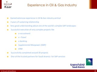 Experience in Oil & Gas Industry


               Gained extensive experience in Oil & Gas industry vertical
               3 years of sustaining relationship
               Very good understanding about one of the world’s complex SAP landscapes
               Successful execution of very complex projects like
                           e-recruitment
                           e –Travel
                           e-banking
                           Supplemental Manpower (SMP)
                           CRM
               Successfully completed around 30 projects
               One of the trusted partners for Saudi Aramco for SAP services




In Pursuit of Excellence                                                                 14
 