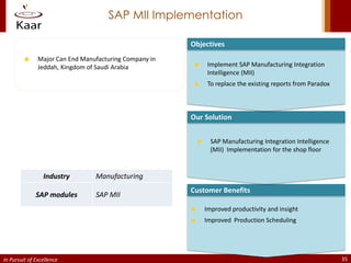 SAP MII Implementation

                                                        Objectives
               Major Can End Manufacturing Company in
               Jeddah, Kingdom of Saudi Arabia               Implement SAP Manufacturing Integration
                                                             Intelligence (MII)
                                                             To replace the existing reports from Paradox



                                                        Our Solution


                                                              SAP Manufacturing Integration Intelligence
                                                              (MII) Implementation for the shop floor


                 Industry        Manufacturing
                                                        Customer Benefits
              SAP modules        SAP MII
                                                            Improved productivity and insight
                                                            Improved Production Scheduling




In Pursuit of Excellence                                                                                    35
 