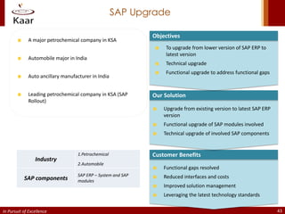 SAP Upgrade

                                                              Objectives
             A major petrochemical company in KSA
                                                                   To upgrade from lower version of SAP ERP to
                                                                   latest version
             Automobile major in India
                                                                   Technical upgrade
                                                                   Functional upgrade to address functional gaps
             Auto ancillary manufacturer in India


             Leading petrochemical company in KSA (SAP        Our Solution
             Rollout)
                                                                  Upgrade from existing version to latest SAP ERP
                                                                  version
                                                                  Functional upgrade of SAP modules involved
                                                                  Technical upgrade of involved SAP components


                                   1.Petrochemical            Customer Benefits
                 Industry
                                   2.Automobile
                                                                  Functional gaps resolved
                                   SAP ERP – System and SAP       Reduced interfaces and costs
           SAP components          modules
                                                                  Improved solution management
                                                                  Leveraging the latest technology standards

In Pursuit of Excellence                                                                                            43
 
