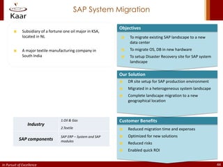SAP System Migration

                                                              Objectives
             Subsidiary of a fortune one oil major in KSA,
             located in NL                                         To migrate existing SAP landscape to a new
                                                                   data center
             A major textile manufacturing company in              To migrate OS, DB in new hardware
             South India                                           To setup Disaster Recovery site for SAP system
                                                                   landscape

                                                              Our Solution
                                                                  DR site setup for SAP production environment
                                                                  Migrated in a heterogeneous system landscape
                                                                  Complete landscape migration to a new
                                                                  geographical location



                                   1.Oil & Gas                Customer Benefits
                 Industry
                                   2.Textile                      Reduced migration time and expenses
                                   SAP ERP – System and SAP       Optimized for new solutions
           SAP components          modules
                                                                  Reduced risks
                                                                  Enabled quick ROI


In Pursuit of Excellence                                                                                            44
 