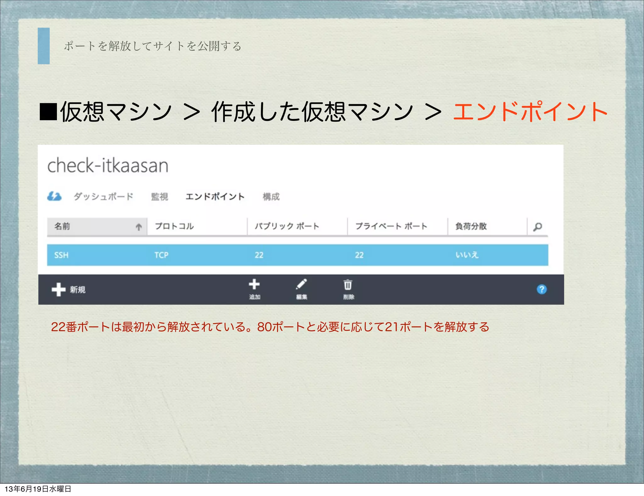 ポートを解放してサイトを公開する
■仮想マシン ＞ 作成した仮想マシン ＞ エンドポイント
22番ポートは最初から解放されている。80ポートと必要に応じて21ポートを解放する
13年6月19日水曜日
 