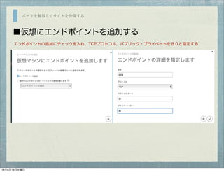 ポートを解放してサイトを公開する
■仮想にエンドポイントを追加する
エンドポイントの追加にチェックを入れ、TCPプロトコル、パブリック・プライベートを８０と指定する
13年6月19日水曜日
 