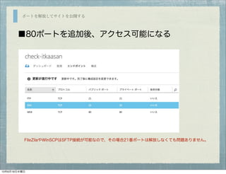 ポートを解放してサイトを公開する
■80ポートを追加後、アクセス可能になる
FileZilaやWinSCPはSFTP接続が可能なので、その場合21番ポートは解放しなくても問題ありません。
13年6月19日水曜日
 