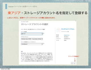 kaasanイメージから仮想サーバーを作る
東アジア・ストレージアカウント名を指定して登録する
しばらくすると、仮想サーバー＞マイイメージの欄に追加されます。
クリックで登録完了
13年6月19日水曜日
 