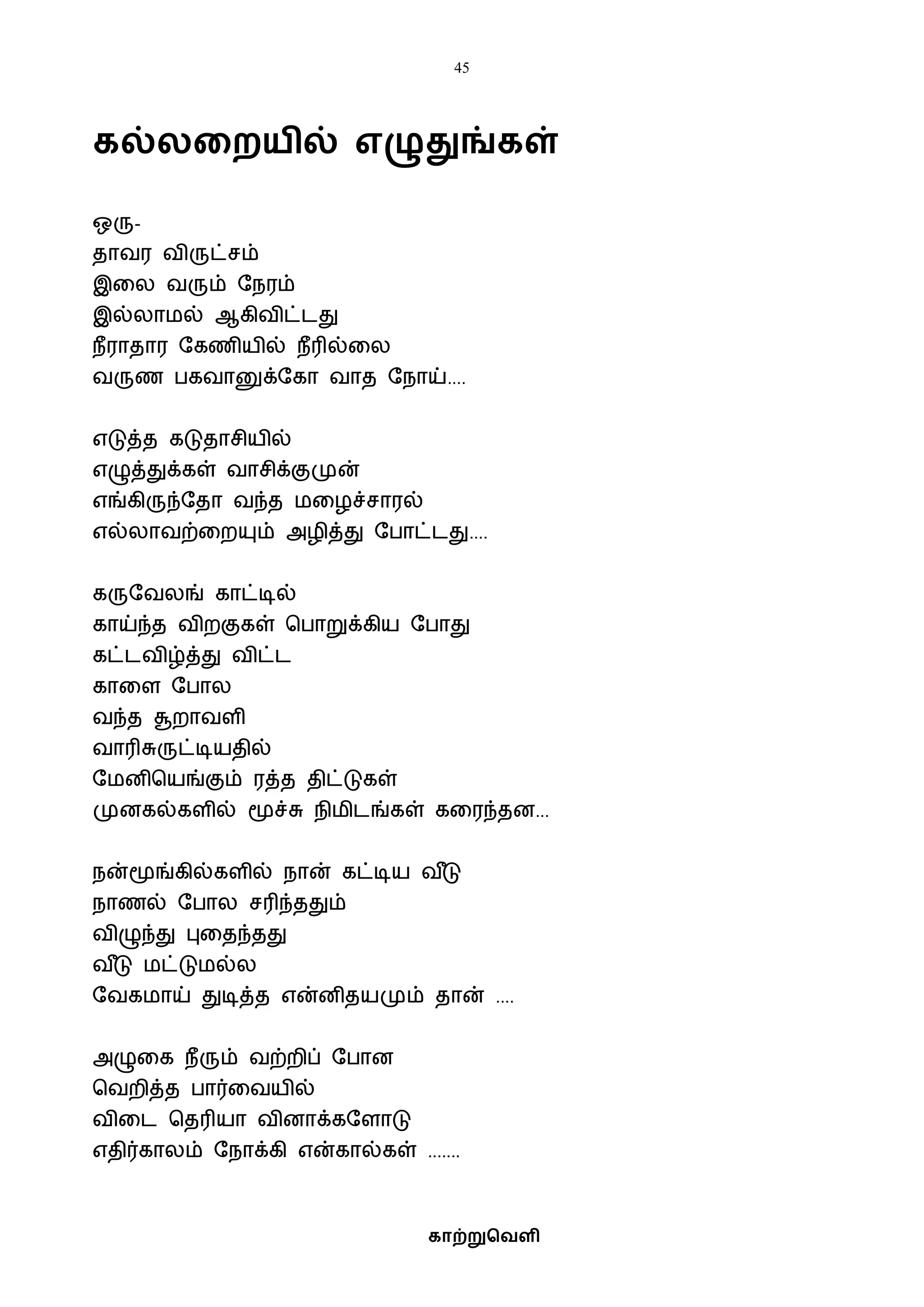 45
காற்றுவெளி
கல்லகறயில் எழுதுங்கள்
ஒரு-
தாைர ைிருட்சம்
இவல ைரும் ஷநரம்
இல்லாைல் ஆகிைிட்டது
நீராதார ஷகணியில் நீரில்வல
ைருண பகைானுக்ஷகா ைாத ஷநாய்....
எடுத்த கடுதாசியில்
எழுத்துக்கள் ைாசிக்குமுன்
எங்கிருந்ஷதா ைந்த ைவழச்சாரல்
எல்லாைற்வறயும் அழித்து ஷபாட்டது....
கருஷைலங் காட்டில்
காய்ந்த ைிறகுகள் பபாறுக்கிய ஷபாது
கட்டைிழ்த்து ைிட்ட
காவள ஷபால
ைந்த சூறாைளி
ைாரிசுருட்டியதில்
ஷைனிபயங்கும் ரத்த திட்டுகள்
முனகல்களில் மூச்சு நிைிடங்கள் கவரந்தன...
நன்மூங்கில்களில் நான் கட்டிய ை ீடு
நாணல் ஷபால சரிந்ததும்
ைிழுந்து புவதந்தது
ை ீடு ைட்டுைல்ல
ஷைகைாய் துடித்த என்னிதயமும் தான் ....
அழுவக நீரும் ைற்றிப் ஷபான
பைறித்த பார்வையில்
ைிவட பதரியா ைினாக்கஷளாடு
எதிர்காலம் ஷநாக்கி என்கால்கள் .......
 