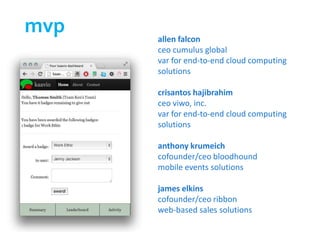 mvp   allen falcon
      ceo cumulus global
      var for end-to-end cloud computing
      solutions

      crisantos hajibrahim
      ceo viwo, inc.
      var for end-to-end cloud computing
      solutions

      anthony krumeich
      cofounder/ceo bloodhound
      mobile events solutions

      james elkins
      cofounder/ceo ribbon
      web-based sales solutions
 