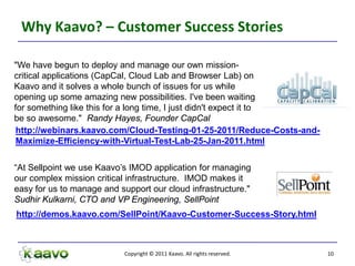 Why Kaavo? – Customer Success Stories

"We have begun to deploy and manage our own mission-
critical applications (CapCal, Cloud Lab and Browser Lab) on
Kaavo and it solves a whole bunch of issues for us while
opening up some amazing new possibilities. I've been waiting
for something like this for a long time, I just didn't expect it to
be so awesome." Randy Hayes, Founder CapCal
 http://webinars.kaavo.com/Cloud-Testing-01-25-2011/Reduce-Costs-and-
 Maximize-Efficiency-with-Virtual-Test-Lab-25-Jan-2011.html


“At Sellpoint we use Kaavo’s IMOD application for managing
our complex mission critical infrastructure. IMOD makes it
easy for us to manage and support our cloud infrastructure."
Sudhir Kulkarni, CTO and VP Engineering, SellPoint
http://demos.kaavo.com/SellPoint/Kaavo-Customer-Success-Story.html



                           Copyright © 2011 Kaavo. All rights reserved.   10
 