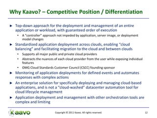 Why Kaavo? – Competitive Position / Differentiation

►   Top-down approach for the deployment and management of an entire
    application or workload, with guaranteed order of execution
     •   A “controller” approach not impeded by application, server image, or deployment
         model changes
►   Standardized application deployment across clouds, enabling “cloud
    balancing” and facilitating migration to the cloud and between clouds
     •   Supports all major public and private cloud providers
     •   Abstracts the nuances of each cloud provider from the user while exposing individual
         features
     •   OMG Cloud Standards Customer Council (CSCC) founding sponsor
► Monitoring of application deployments for defined events and automates
  responses with complex actions
► An enterprise solution for specifically deploying and managing cloud-based
  applications, and is not a “cloud-washed” datacenter automation tool for
  cloud lifecycle management
► Application deployment and management with other orchestration tools are
  complex and limiting

                               Copyright © 2011 Kaavo. All rights reserved.                     12
 