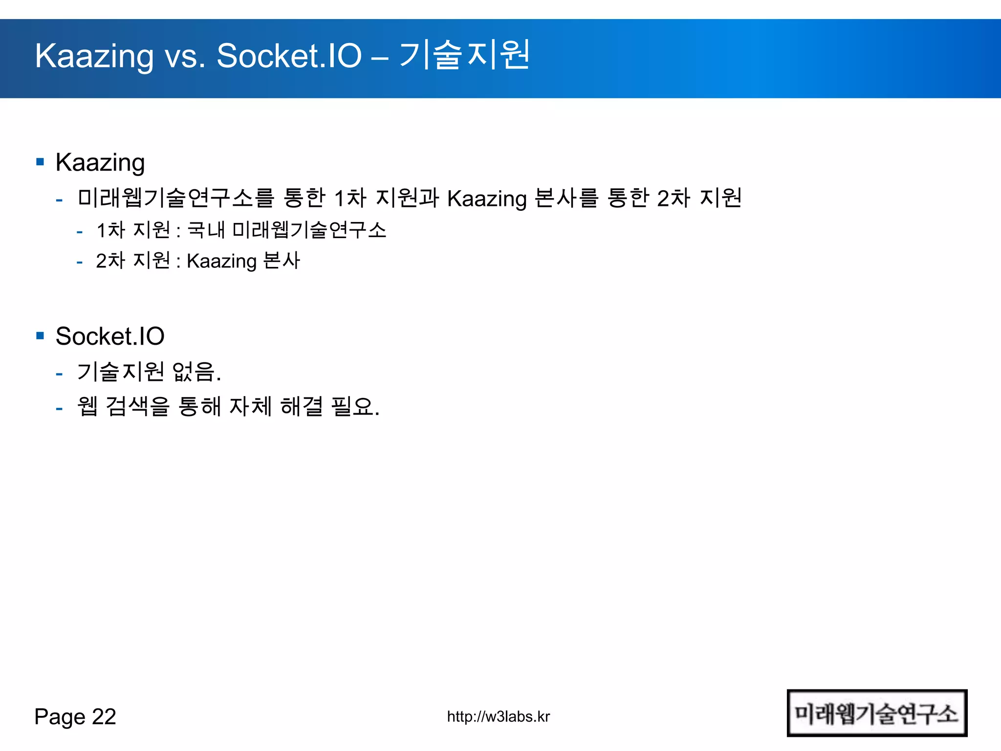 Kaazing vs. Socket.IO – 기술지원


 Kaazing
 - 미래웹기술연구소를 통한 1차 지원과 Kaazing 본사를 통한 2차 지원
   - 1차 지원 : 국내 미래웹기술연구소
   - 2차 지원 : Kaazing 본사


 Socket.IO
 - 기술지원 없음.
 - 웹 검색을 통해 자체 해결 필요.




Page 22                    http://w3labs.kr
 