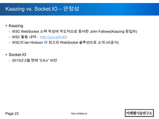 Kaazing vs. Socket.IO – 안정성


 Kaazing
 - W3C WebSocket 스펙 작성에 주도적으로 참여한 John Fallows(Kaazing 창업자)
 - W3C 활동 내역 : http://goo.gl/hsElI
 - W3C의 Ian Hickson 이 최고의 WebSocket 솔루션으로 소개 (비공식)


 Socket.IO
 - 2013년 2월 현재 “0.9.x” 버전




Page 23                              http://w3labs.kr
 