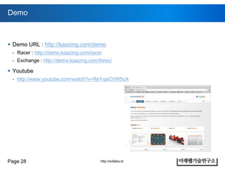 Demo



 Demo URL : http://kaazing.com/demo
 - Racer : http://demo.kaazing.com/racer
 - Exchange : http://demo.kaazing.com/forex/

 Youtube
 - http://www.youtube.com/watch?v=ReYqaCVW5cA




Page 28                                http://w3labs.kr
 