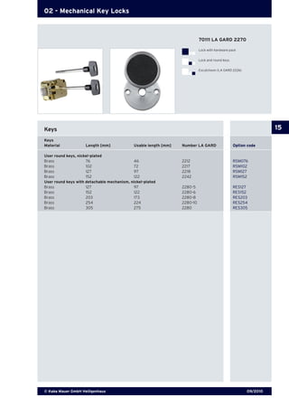 09/2010© Kaba Mauer GmbH Heiligenhaus
15
02 - Mechanical Key Locks
Keys
Keys
Material 	 Length [mm] 	 Usable length [mm] 	 Number LA GARD 	 Option code
User round keys, nickel-plated
Brass 	 76 	 46 	 2212 	 RSM076
Brass 	 102 	 72 	 2217 	 RSM102
Brass 	 127 	 97 	 2218 	 RSM127
Brass 	 152 	 122 	 2242 	 RSM152
User round keys with detachable mechanism, nickel-plated
Brass 	 127 	 97 	 2280-5 	 RES127
Brass 	 152 	 122 	 2280-6 	 RES152
Brass 	 203 	 173 	 2280-8 	 RES203
Brass 	 254 	 224 	 2280-10 	 RES254
Brass 	 305 	 275 	 2280 	 RES305
70111 LA GARD 2270
Lock with hardware pack
Lock and round keys
Escutcheon (LA GARD 2226)
 