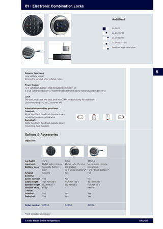 09/2010© Kaba Mauer GmbH Heiligenhaus
5
01 - Electronic Combination Locks
Options & Accessories
Input unit
General functions
Low battery signal
Wrong try lockout after 4 false codes
Power Supply
1 x 9 volt block battery (not included in delivery) or
6 x 1.5 volt C-cell battery, recommended for time delay (not included in delivery)
Lock
Die-cast lock case and bolt, bolt with 2 M4 threads (only for deadbolt)
Lock mounting set, incl. 3 screws M6
Admissible mounting positions
Deadbolt:
Right hand/left hand lock (upside down
mounting), opening clockwise
Swingbolt:
Right hand/left hand lock (upside down
mounting, dual-handed)
LA GARD	 3125 	 3190	 3750-K
Input unit	 Metal, satin chrome	 Metal, satin chrome	 Metal, satin chrome
Battery case	 Separate battery 	 Integrated,	 Integrated, 		
	 box* 	 1 x 9 v block battery*	 1 x 9 v block battery*	
Keypad	 Silicone 	 Foil	 Foil
External	
power contact	 Yes	 No	 No
Cable length	 457 mm (18”)	 457 mm (18”)	 457 mm (18”)
Spindle length	 152 mm (6”)	 152 mm (6”)	 152 mm (6”)	
Version eKey	 eKey*	 -	 eKey II*	
Choice:
Deadbolt	 Yes	 Yes	 Yes
Swingbolt	 Yes	 Yes	 Yes
Order number	 82855	 82858	 82856
* Not included in delivery
AuditGard
LA GARD
LA GARD 3125
LA GARD 3190
LA GARD 3750-K
Small and large battery box
 