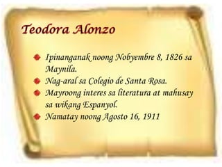 Ipinanganak noong Nobyembre 8, 1826 sa
Maynila.
Nag-aral sa Colegio de Santa Rosa.
Mayroong interes sa literatura at mahusay
sa wikang Espanyol.
Namatay noong Agosto 16, 1911
 