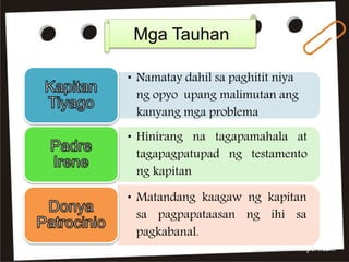 • Namatay dahil sa paghitit niya
ng opyo upang malimutan ang
kanyang mga problema
• Hinirang na tagapamahala at
tagapagpatupad ng testamento
ng kapitan
• Matandang kaagaw ng kapitan
sa pagpapataasan ng ihi sa
pagkabanal.
Mga Tauhan
 