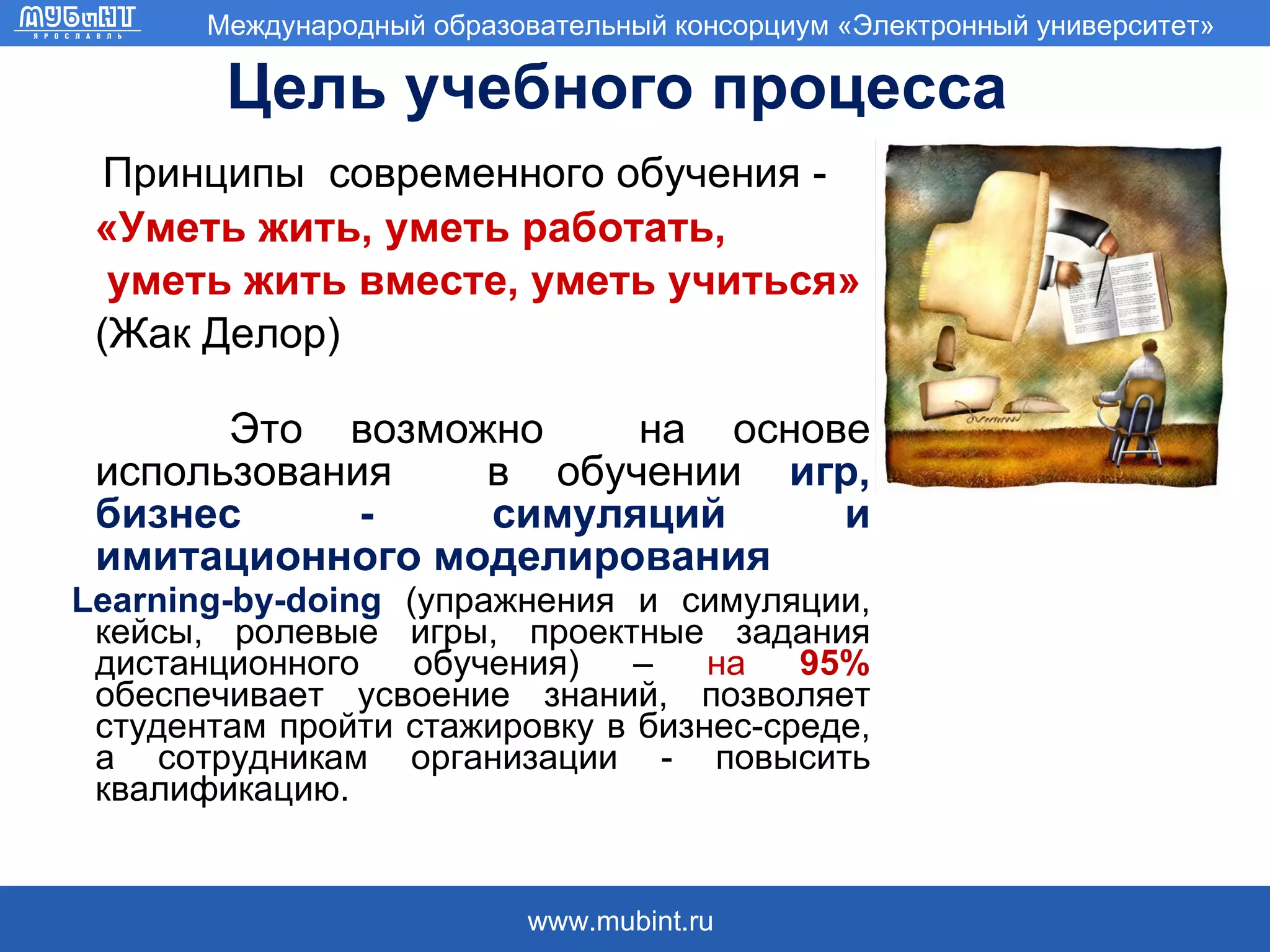 Цель учебного процесса Принципы  современного обучения - «Уметь жить, уметь работать, уметь жить вместе, уметь учиться»   (Жак Делор)  Это возможно  на основе использования  в обучении  игр, бизнес - симуляций и имитационного моделирования   L earning-by-doing   (упражнения и симуляции, кейсы, ролевые игры, проектные задания дистанционного обучения) –  на  95%  обеспечивает усвоение знаний, позволяет студентам пройти стажировку в бизнес-среде, а сотрудникам организации - повысить квалификацию. 