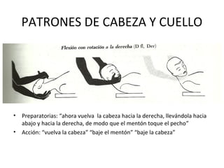 PATRONES DE CABEZA Y CUELLO

•
•

Preparatorias: “ahora vuelva la cabeza hacia la derecha, llevándola hacia
abajo y hacia la derecha, de modo que el mentón toque el pecho”
Acción: “vuelva la cabeza” “baje el mentón” “baje la cabeza”

 