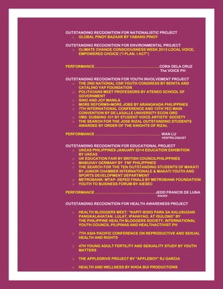 OUTSTANDING RECOGNITION FOR NATIONALISTIC PROJECT
o GLOBAL PINOY BAZAAR BY YABANG PINOY
OUTSTANDING RECOGNITION FOR ENVIRONMENTAL PROJECT
o CLIMATE CHANGE CONSCIOUSNESS WEEK 2013 LOCAL VOICE,
EMPOWERED CHOICE (“I PLAN. I ACT”)
PERFORMANCE…………………………….……..….……..CORA DELA CRUZ
The VOICE PH
OUTSTANDING RECOGNITION FOR YOUTH INVOLVEMENT PROJECT
o THE 2ND NATIONAL CSR YOUTH CONGRESS BY BENITA AND
CATALINO YAP FOUNDATION
o POLITICIANS MEET PROFESSORS BY ATENEO SCHOOL OF
GOVERNMENT
o SING AND JOY MANILA
o MORE REFORMS=MORE JOBS BY ARANGKADA PHILIPPINES
o 7TH INTERNATIONAL CONFERENCE AND 13TH YEC MAIN
CONVENTION BY DE LASALLE UNIVERSITY ECON ORG
o VMS: DUBBING 101 BY STUDENT VOICE ARTISTS’ SOCIETY
o THE SEARCH FOR THE JOSE RIZAL OUTSTANDING STUDENTS
AWARDEE BY ORDER OF THE KNIGHTS OF RIZAL
PERFORMANCE ……………………………….…………….. WAN LU
VENTRILOQUIST
OUTSTANDING RECOGNITION FOR EDUCATIONAL PROJECT
o UKEAS PHILIPPINES JANUARY 2014 EDUCATION EXHIBITION
BY UKEAS
o UK EDUCATION FAIR BY BRITISH COUNCILPHILIPPINES
o MABUHAY GERMANY BY FNF PHILIPPINES
o THE SEARCH FOR THE TEN OUTSTANDING STUDENTS OF MAKATI
BY JUNIOR CHAMBER INTERNATIONALE & MAKATI YOUTH AND
SPORTS DEVELOPMENT DEPARTMENT
o METROBANK- MTAP- DEPED FINALS BY METROBANK FOUNDATION
o YOUTH TO BUSINESS FORUM BY AIESEC
PERFORMANCE …………………………………………. JEDD FRANCIS DE LUNA
SINGER
OUTSTANDING RECOGNITION FOR HEALTH AWARENESS PROJECT
o HEALTH BLOGGERS MEET: “KAPIT-BISIG PARA SA KALUSUGAN
PANGKALAHATAN: LULAT, IPAHAYAG, AT ISULONG” BY
THE PHILIPPINE HEALTH BLOGGERS SOCIETY, INTERNATIONAL
YOUTH COUNCIL PILIPINAS AND HEALTHACTIVIST.PH
o 7TH ASIA PACIFIC CONFERENCE ON REPRODUCTIVE AND SEXUAL
HEALTH AND RIGHTS
o 4TH YOUNG ADULT FERTILITY AND SEXUALITY STUDY BY YOUTH
MATTERS
o THE APPLEDRIVE PROJECT BY “APPLEBOY” RJ GARCIA
o HEALTH AND WELLNESS BY KHOA BUI PRODUCTIONS
 