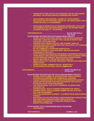 o FORUM ON FILIPINO YOUTH VOLUNTEERING FOR HIV AND AIDS BY
NATIONAL VOLUNTEER SERVICE COORDINATING AGENCY
o DEVELOPMENT DISCUSSIONS: A SERIES OF DEVELOPMENT
DIALOGUES ON KEY NATIONAL ISSUES. BY THE WORLD BANK AND THE
ATENEO SCHOOL OF GOVERNMENT
o PROGRAMS IN PROMOTION OF NEWBORN SCREENING, FOLIC ACID
SUPPLEMENTATION AND RARE DISEASES BY VOLUNTEER YOUTH
LEADERS FOR HEALTH – PHILIPPINES
PERFORMANCE BY ……………………………………….. BLACK PINK DOLLS
GIRL GROUP
OUTSTANDING RECOGNITION FOR HUMANITARIAN PROJECT
o GLOBAL HUG BY PHILIPPINE SOCIETY FOR ORPHAN DISORDERS
o YAPAK MO, YAKAP KO CONCERT FOR A CAUSE BY BENITA AND
CATALINO YAP FOUNDATION
o PERSONS WITH DISABILITIES DAY, 3RD KASAMA, SAMA KA!
o FASHION SHOW FOR A CAUSE ENTITLED, GALACTICA: LET EVERYONE
SEE MORE BEYOND VISION
BY UST COMMUNITY ACHIEVERS ASSOCIATION
o MTV EXIT PRESENTS: KALAYAAN RIDE AND ALAGWA MOVIE
SCREENING BY (MTV EXIT)
o OUTSTANDING RECOGNITION FOR WOMEN’S AWARENESS PROJECT
o “HOPE BEAUTY AND COUR-AGE WORKSHOP WITH JULIANNE TARROJA
BY (BETTERSTORY PROJECT AND SOULCHILD PRODUCTIONS
o BEAUTY MATTERS BY THE BETTER STORY PROJECT
o #WHATTHEFACTS A TEENAGE PREGNANCY PREVENTION CAMPAIGN
ORIENTATION
o SPARK A CHANGE: WOMEN'S DAY BY SPARK PHILS
o IN HER SHOES BY NATIONAL YOUTH COMMISSION
PERFORMANCE …………………………………………………. HENRY HELMUTH JR
VENTRILOQUIST
OUTSTANDING RECOGNITION FOR YOUTH EMPOWERMENT PROJECT
o GLOBAL YOUTH SUMMIT BY INTERNATIONAL ASSOCIATIONOF
STUDENTS IN ECONOMIC AND COMMERCIAL SCIENCES
o FAILING FORWARD EVENT BY YOUNG ENTREPRENEUR’S SOCIETY
o IGNITE (OBTAIN.REFINE.SUSTAIN) UNLEASHING THE YOUTH’S
POTENTIAL BY HR YOUTH PHILIPPINES
o THE 2ND NATIONAL CSR YOUTH CONGRESS BY BENITA AND
CATALINA YAP
o INTERNATIONAL YOUTH LEADERS CONFERENCE BY AIESEC
o INTERNATIONAL YOUTH LEADERS’ SUMMIT 2014 BY DLSU ART
COLLEGE GOVERNMENT
o 8TH YLAR LEADERSHIP ACADEMY “ A GLIMPSE ON RE-DISCOVERING
THYSELF”
o MAD WORLD 2014 BY PHILIPPINE JUNIOR MARKETING ASSOCIATION
o ANG NEW YEAR'S RESOLUTION BY CIRCLE OF NUTS
o MISS EARTH FOUNDATION / CAROUSEL PRODUCTIONS
o MISTER PHILIPPINES INC.
OUTSTANDING YOUTH ENTREPRENEURSHIP PROGRAMS
o GO NEGOSYO
PERFORMANCE ……………………………………….…. CARMELA LAO
 