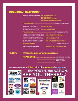 INDIVIDUAL CATEGORY
ADVOCATES OF THE YEAR MR. CHRISTOPHER LAO
MR. RJ GARCIA
MR. JUANCHO LUNARIA
MR. MARK CONRAD RAVANZO
PERFORMANCE ………………………………….………. KENNETH DELA ROSA
MODEL OF THE YOUTH MR. LLOYD LUNA
CHANGE MAKER AWARD MR. MICHAEL CALDO
PERFORMANCE ………………………………………….. RAYMOND MAMARIL
MODEL YOUNG ENTREPRENEUR MS. PAMELA NICOLE MEJIA
YOUTH ACHIEVER OF THE YEAR MS. BILLIE DUMALIG
OUTSTANDING YOUTH LEADER MR. GIAN SCOTTIE JAVELONA
PERFORMANCE BY …………………………………………… LAZY NAPE BAND
VISIONARY OF THE YEAR POCHOLO DE LEON GONZALES
10:00 PM APPRECIATION AND MOTIVATIONAL SPEECH
FINALE BOMB……. ……………………. MOVERS AND MOTION
………..………………………..... MACSISTERS
……...……………………………. JENIE GARDON
……….……………………………. VOTY G
we will continue to informinspireinvolve&empower
 