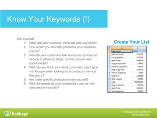 Kabbage Kam Webinars
#KabbageKam
Broad vs. Long Tail Keywords
• Austin Pet Store
• Kitten Supplies
• Dog grooming
• Dinosaur collar
• How to bathe a dog
• Can a kitten eat tuna
• Train your dog to fetch a ball
• What are the best catnips?
All Content, When Possible
Especially Website Content Blog Content
 