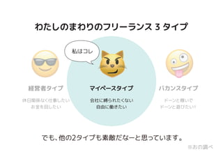 わたしのまわりのフリーランス 3 タイプ
経営者タイプ マイペースタイプ バカンスタイプ
休日関係なく仕事したい
お金を回したい
ドーンと稼いで
ドーンと遊びたい！
会社に縛られたくない
自由に働きたい
※おの調べ
私はコレ
でも、他の2タイプも素敵だなーと思っています。
 