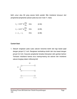 lebih unsur atau lilit yang secara listrik paralel. Bila induktansi tersusun dari
penghantar-penghantar paduan pada dua sisi X dan Y, maka:

LX  x107 ln
2

Dm
Ds

H/m

(2.34)

LY  x107 ln
2

Dm
Ds

H/m

(2.35)

H/m

(2.36)

L L X LY

Contoh Soal:
1. Sebuah rangkaian pada suatu saluran transmisi terdiri dari tiga kawat pejal
dengan jari-jari 0,1 inch. Rangkaian kembalinya terdiri dari dua kawat dengan
jari-jari 0,2 inch. Susunan penghantar tersebut ditunjukan oleh gambar berikut:
Tentukan induktansi karena arus masing-masing sisi saluran dan induktansi
saluran lengkap dalam milihendy/mill.
30’
20

Bambang Trisno MK Kabel dan Teknik Penyambungan
100

Page

 