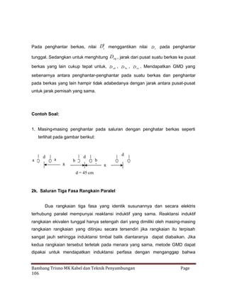 b
Pada penghantar berkas, nilai Ds menggantikan nilai D s pada penghantar

tunggal. Sedangkan untuk menghitung Deq , jarak dari pusat suatu berkas ke pusat
berkas yang lain cukup tepat untuk, D ab , D bc , D ca . Mendapatkan GMD yang
sebenarnya antara penghantar-penghantar pada suatu berkas dan penghantar
pada berkas yang lain hampir tidak adabedanya dengan jarak antara pusat-pusat
untuk jarak pemisah yang sama.

Contoh Soal:
1. Masing-masing penghantar pada saluran dengan penghatar berkas seperti
terlihat pada gambar berikut:

a

d

a

b

d

8

d
b
’

8

d = 45 cm

2k. Saluran Tiga Fasa Rangkain Paralel
Dua rangkaian tiga fasa yang identik susunannya dan secara elektris
terhubung paralel mempunyai reaktansi induktif yang sama. Reaktansi induktif
rangkaian ekivalen tunggal hanya setengah dari yang dimiliki oleh masing-masing
rangkaian rangkaian yang ditinjau secara tersendiri jika rangkaian itu terpisah
sangat jauh sehingga induktansi timbal balik diantaranya dapat diabaikan. Jika
kedua rangkaian tersebut terletak pada menara yang sama, metode GMD dapat
dipakai untuk mendapatkan induktansi perfasa dengan menganggap bahwa
Bambang Trisno MK Kabel dan Teknik Penyambungan
106

Page

 