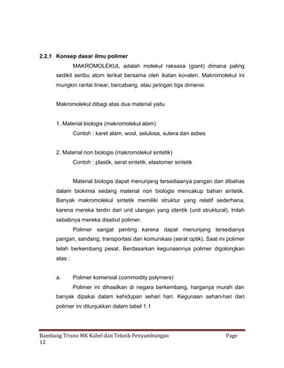 2.2.1 Konsep dasar ilmu polimer
MAKROMOLEKUL adalah molekul raksasa (giant) dimana paling
sedikit seribu atom terikat bersama oleh ikatan kovalen. Makromolekul ini
mungkin rantai linear, bercabang, atau jaringan tiga dimensi.
Makromolekul dibagi atas dua material yaitu

1. Material biologis (makromolekul alam)
Contoh : karet alam, wool, selulosa, sutera dan asbes
2. Material non biologis (makromolekul sintetik)
Contoh : plastik, serat sintetik, elastomer sintetik
Material biologis dapat menunjang tersediaanya pangan dan dibahas
dalam biokimia sedang material non biologis mencakup bahan sintetik.
Banyak makromolekul sintetik memiliki struktur yang relatif sederhana,
karena mereka terdiri dari unit ulangan yang identik (unit struktural). Inilah
sebabnya mereka disebut polimer.
Polimer sangat penting karena dapat menunjang tersedianya
pangan, sandang, transportasi dan komunikasi (serat optik). Saat ini polimer
telah berkembang pesat. Berdasarkan kegunaannya polimer digolongkan
atas :
a.

Polimer komersial (commodity polymers)
Polimer ini dihasilkan di negara berkembang, harganya murah dan

banyak dipakai dalam kehidupan sehari hari. Kegunaan sehari-hari dari
polimer ini ditunjukkan dalam tabel 1.1

Bambang Trisno MK Kabel dan Teknik Penyambungan
12

Page

 