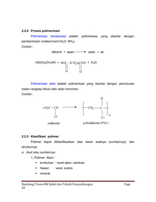 2.2.4 Proses polimerisasi
Polimerisasi

kondensasi adalah

polimerisasi

yang

disertai

dengan

pembentukan molekul kecil (H2 O, NH3 ).
Contoh :
Alkohol + asam

ester + air

HOCH2CH 2OH + HOC - (CH2)4COH + H 2O
O

O

Polimerisasi adisi adalah polimerisasi yang disertai dengan pemutusan
ikatan rangkap diikuti oleh adisi monomer.
Contoh :
H
n H2C = CH

CH2

n

Cl
vinilklorida

C
Cl

polivinilklorida (PVC)

2.2.5 Klasifikasi polimer
Polimer dapat diklasifikasikan atas dasar asalnya (sumbernya), dan
strukturnya.
a. Asal atau sumbernya
1. Polimer Alam :
 tumbuhan : karet alam, selulosa
 hewan

: wool, sutera

 mineral
Bambang Trisno MK Kabel dan Teknik Penyambungan
20

Page

 