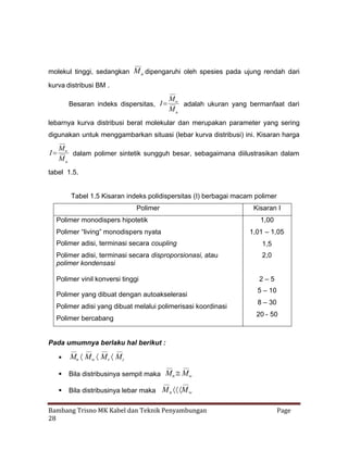molekul tinggi, sedangkan M n dipengaruhi oleh spesies pada ujung rendah dari
kurva distribusi BM .

Mw
adalah ukuran yang bermanfaat dari
Mn

Besaran indeks dispersitas, I 

lebarnya kurva distribusi berat molekular dan merupakan parameter yang sering
digunakan untuk menggambarkan situasi (lebar kurva distribusi) ini. Kisaran harga

M
I  w dalam polimer sintetik sungguh besar, sebagaimana diilustrasikan dalam
Mn
tabel 1.5.

Tabel 1.5 Kisaran indeks polidispersitas (I) berbagai macam polimer
Polimer
Polimer monodispers hipotetik
Polimer “living” monodispers nyata

Kisaran I
1,00
1,01 – 1,05

Polimer adisi, terminasi secara coupling

1,5

Polimer adisi, terminasi secara disproporsionasi, atau
polimer kondensasi

2,0

Polimer vinil konversi tinggi
Polimer yang dibuat dengan autoakselerasi
Polimer adisi yang dibuat melalui polimerisasi koordinasi
Polimer bercabang

2–5
5 – 10
8 – 30
20 - 50

Pada umumnya berlaku hal berikut :

M M M
 Mn  w  v  z
M
 Bila distribusinya sempit maka Mn  w


 Bila distribusinya lebar maka M n  M w
Bambang Trisno MK Kabel dan Teknik Penyambungan
28

Page

 