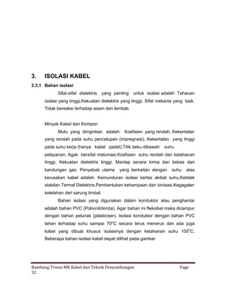 3.

ISOLASI KABEL

3.3.1 Bahan isolasi
Sifat-sifat dielektris

yang penting

untuk isolasi adalah: Tahanan

isolasi yang tinggi,Kekuatan dielektris yang tinggi, Sifat mekanis yang baik,
Tidak bereaksi terhadap asam dan lembab

Minyak Kabel dan Kompon
Mutu yang diinginkan adalah: Koefisien yang rendah, Kekentalan
yang rendah pada suhu pencelupan (impregnasi), Kekentalan yang tinggi
pada suhu kerja (hanya kabel padat),Titik beku dibawah

suhu

pelayanan, Agak bersifat melumasi,Koefisien suhu rendah dan ketahanan
tinggi, Kekuatan dielektris tinggi, Mantap secara kimia dan bebas dari
kandungan gas. Penyebab utama

yang berkaitan dengan

suhu

atas

kerusakan kabel adalah: Kemunduran isolasi kertas akibat suhu,Ketidak
stabilan Termal Dielektris,Pembentukan kehampaan dan ionisasi,Kegagalan
kelelahan dari sarung timbal.
Bahan isolasi yang digunakan dalam konduktor atau penghantar
adalah bahan PVC (Polivinilclorida). Agar bahan ini fleksibel maka dicampur
dengan bahan pelunak (plasticiser). Isolasi konduktor dengan bahan PVC
tahan terhadap suhu sampai 70o C secara terus menerus dan ada juga
kabel yang dibuat khusus isolasinya dengan ketahanan suhu 105o C.
Beberapa bahan isolasi kabel dapat dilihat pada gambar

Bambang Trisno MK Kabel dan Teknik Penyambungan
32

Page

 
