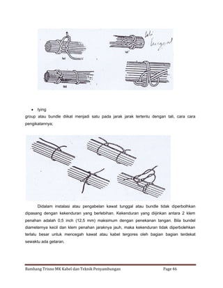  tying
group atau bundle diikat menjadi satu pada jarak jarak tertentu dengan tali, cara cara
pengikatannya;

Didalam instalasi atau pengabelan kawat tunggal atau bundle tidak diperbolhkan
dipasang dengan kekenduran yang berlebihan. Kekenduran yang diijinkan antara 2 klem
penahan adalah 0,5 inch (12,5 mm) maksimum dengan penekanan tangan. Bila bundel
diameternya kecil dan klem penahan jaraknya jauh, maka kekenduran tidak diperbolehkan
terlalu besar untuk mencegah kawat atau kabel tergores oleh bagian bagian terdekat
sewaktu ada getaran.

Bambang Trisno MK Kabel dan Teknik Penyambungan

Page 46

 