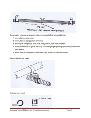Persyaratan kekenduran tersebut untuk memenuhi hal hal sebagai berikut:
1. memudahkan perawatan
2. memudahkan penggantian termianal
3. mencegah ketegangan pada wire, wire junction, dan klem penahan
4. memberi kebebasan gerak terhadap peralatan yang terpasang apabila terjadi benturan
dan getaran
5. memudahkan penggantian peralatan, yang diperlukan pada perawatan.

Kedudukan bundle kabel

Instalasi klem kabel

Bambang Trisno MK Kabel dan Teknik Penyambungan

Page 47

 