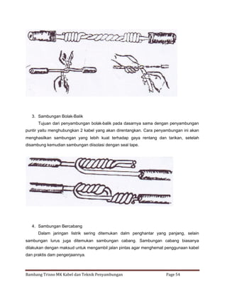 3. Sambungan Bolak-Balik
Tujuan dari penyambungan bolak-balik pada dasarnya sama dengan penyambungan
puntir yaitu menghubungkan 2 kabel yang akan direntangkan. Cara penyambungan ini akan
menghasilkan sambungan yang lebih kuat terhadap gaya rentang dan tarikan, setelah
disambung kemudian sambungan diisolasi dengan seal tape.

4. Sambungan Bercabang
Dalam jaringan listrik sering ditemukan dalm penghantar yang panjang, selain
sambungan lurus juga ditemukan sambungan cabang. Sambungan cabang biasanya
dilakukan dengan maksud untuk mengambil jalan pintas agar menghemat penggunaan kabel
dan praktis dam pengerjaannya.

Bambang Trisno MK Kabel dan Teknik Penyambungan

Page 54

 