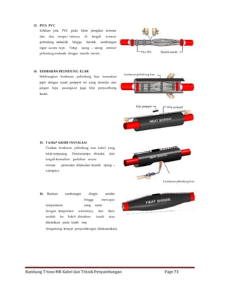 13. PITA PVC
Lilitkan pita
dan

dua

PVC pada klem pengikat armour

tempat lainnya

pelindung mekan ik
rapat secara rapi.

di

hingga
Tutup

tengah

ben tuk

armour

sambungan

ujung – ujung

armour
Pita PVC

pelindung mekanik dengan mastik merah.

14. LEMBARAN PELINDUNG LUAR
Selubungkan

lembaran

pelindung luar

kemudian

Mastik merah

Lembaran pelindung luar

jepit dengan kanal penjepit rel yang tersedia dan
jangan

lupa

pasangkan

juga

klip

penyambung

kanal.

Klip penjepit

Klip penjepit

15. TAHAP AKHIR INSTALASI
Ciutkan lembaran pelindung luar kabel yang
telah terpasang.

Penciutannya

tengah kemudian
merata

dimulai

dari

perlahan secara

penciutan dilaku kan kearah ujung –

u jungnya.
Lembaran pelindung luar

16.

Biarkan

sambungan

dingin
hingga

temperature

yang

dengan temperatur
setelah

itu

sekitarnya,

boleh ditimbun

dile takkan pada kabel

sendiri
mencapai

sama
dan

baru

tanah

atau

tray

(tergantung tempat penyambu ngan dilaksanakan).

Bambang Trisno MK Kabel dan Teknik Penyambungan

Page 73

 