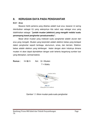 8.

KERUGIAN DAYA PADA PENGHANTAR

8.8.1 Arus
Besaran listrik pertama yang dibahas adalah kuat arus, besaran ini sering
disimbulkan sebagai I(i) yang selanjutnya kita sebut saja sebagai arus yang
didefinisikan sebagai ”jumlah muatan (elektron) yang mengalir melalui suatu
penampang kawat penghantar persatuanwaktu”.
Besar aliran muatan yang melewati suatu penghantar adalah ukuran dari
arus yang mengalir. Muatan yang berpindah adalah elektron bebas yang terdapat
dalam penghantar seperti tembaga, alumunium, emas, dan lain-lain. Elektron
bebas adalah elektron yang kehilangan

ikatan dengan atom induknya dimana

muatan ini akan dapat dipindahkan dengan arah tertentu tergantung sumber luar
yang diterapkan, semisal baterai.
Rumus :

I=Q/t

Ket : Q = Muatan
T = Waktu

Gambar 1.1 Aliran muatan pada suatu penghantar

Bambang Trisno MK Kabel dan Teknik Penyambungan
74

Page

 