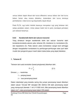 versus beban dapat dibuat dari kurva effesiensi versus beban dan bial kurva
beban harian atau bulana diketahui, diutamakan dari kurva lamanya
pembebanan, maka kurva rugi daya/waktu dapat dibuat.
Pada PLTA, rugi turbin hidrolik biasanya merupakan rugi yang terbesar dari
setiap peralatan sistem. Untuk alasan itulah hal ini perlu mendapat perhatian
yan sebesar-besarnya.

8.8.6

Karakteristik listrik dari saluran transmisi

Yang dimaksud dengan karakteristik listrik dari saluran transmisi ialah
konstanta-konstanta saluran yaitu; tahanan (R), induktansi (L), konduktansi (G),
dan kapasitansi (C). Pada saluran udara konduktansi sangat kecil sehingga
dengan mengabaikan konduktansi itu perhitungan-perhitungan akan jauh lebih
mudah dan pengaruhnyapun masih dalam batas-batas yang dapat diabaikan.

1. Tahanan R
Tahanan dari suatu konduktor (kawat penghantar) diberikan oleh:

1
R

A

(2.1)

Dimana:   resistivitas

l  panjang kawat
A  luas penampang kawat
Dalam tabel-tabel yang tersedia sering kita jumpai penampang kawat diberikan
dalam satuan ”Circular Mil” disingkat CM. Definisi CM ialah penampang kawat
yang mempunyai diameter 1 mil (=1/1000 inch). Bila penampang kawat diberikan
dalam mm2, maka penampang kawat dalam CM adalah:
Bambang Trisno MK Kabel dan Teknik Penyambungan
88

Page

 