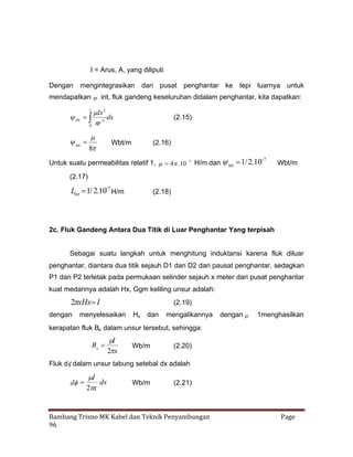 I = Arus, A, yang diliputi
Dengan mengintegrasikan dari pusat penghantar ke tepi luarnya untuk
mendapatkan  int, fluk gandeng keseluruhan didalam penghantar, kita dapatkan:
r
3
Ix
int  4 dx
r
0 


 
int
8

(2.15)

Wbt/m

(2.16)


7
1
Untuk suatu permeabilitas relatif 1, 4 10  H/m dan   / 2. 10
. 7
int

Wbt/m

(2.17)
7
Lint  / 2.10 H/m
1

(2.18)

2c. Fluk Gandeng Antara Dua Titik di Luar Penghantar Yang terpisah
Sebagai suatu langkah untuk menghitung induktansi karena fluk diluar
penghantar, diantara dua titik sejauh D1 dan D2 dari pausat penghantar, sedagkan
P1 dan P2 terletak pada permukaan selinder sejauh x meter dari pusat penghantar
kuat medannya adalah Hx, Ggm keliling unsur adalah:

2
xHx
I
dengan

menyelesaikan

(2.19)
Hx dan

mengalikannya

dengan  1menghasilkan

kerapatan fluk Bx dalam unsur tersebut, sehingga:


I
Bx 
2
x

Wb/m

(2.20)

Fluk d
dalam unsur tabung setebal dx adalah


I
dx
d
2
x

Wb/m

(2.21)

Bambang Trisno MK Kabel dan Teknik Penyambungan
96

Page

 