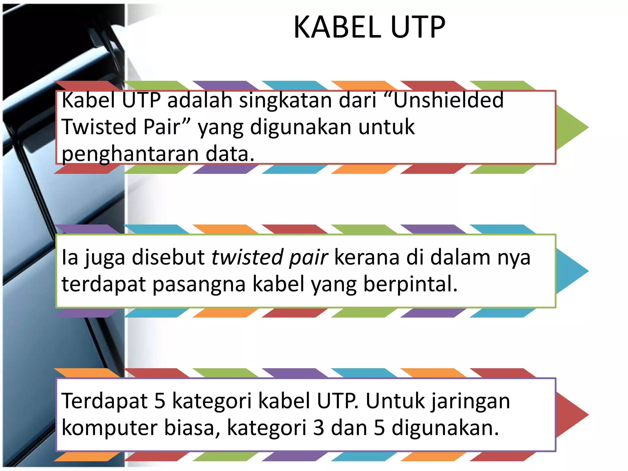 KABEL UTP
Kabel UTP adalah singkatan dari “Unshielded
Twisted Pair” yang digunakan untuk
penghantaran data.
Ia juga disebut twisted pair kerana di dalam nya
terdapat pasangna kabel yang berpintal.
Terdapat 5 kategori kabel UTP. Untuk jaringan
komputer biasa, kategori 3 dan 5 digunakan.