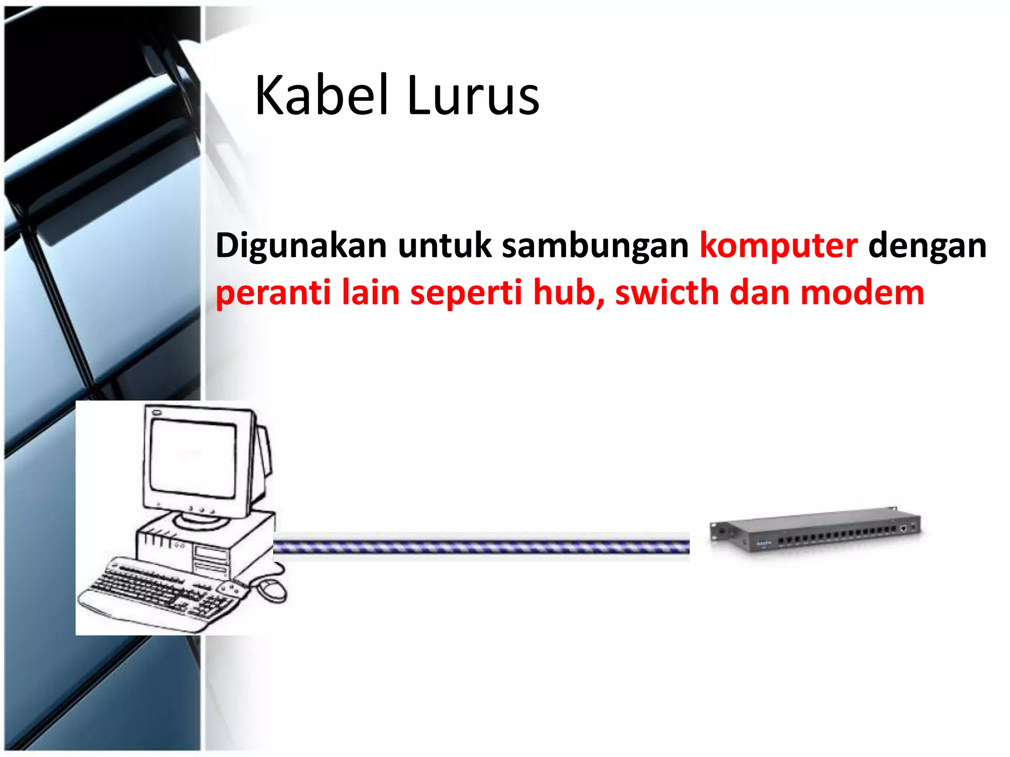 Kabel Lurus
Digunakan untuk sambungan komputer dengan
peranti lain seperti hub, swicth dan modem