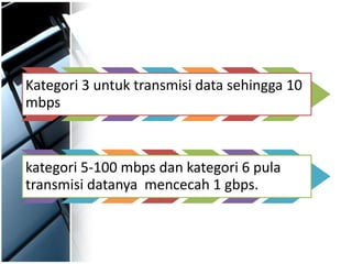 Kategori 3 untuk transmisi data sehingga 10
mbps
kategori 5-100 mbps dan kategori 6 pula
transmisi datanya mencecah 1 gbps.