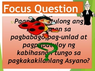 Focus Question 
Paano nakatulong ang 
kabihasnan sa 
pagbabago,pag-unlad at 
pagpapatuloy ng 
kabihasnan tungo sa 
pagkakakilanlang Asyano? 
 