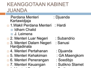 KEANGGOTAAN KABINET
JUANDA
 1Perdana Menteri : Djuanda
Kartawidjaja
 1.Wakil Perdana Menteri : Hardi
 Idham Chalid
 J. Leimena
 2. Menteri Luar Negeri : Subandrio
 3. Menteri Dalam Negeri : Sanusi
Hardjadinata
 4. Menteri Pertahanan : Djuanda
 5. Menteri Kehakiman : GA Maengkom
 6. Menteri Penerangan : Soedibjo
 7. Menteri Keuangan : Sutikno Slamet
 